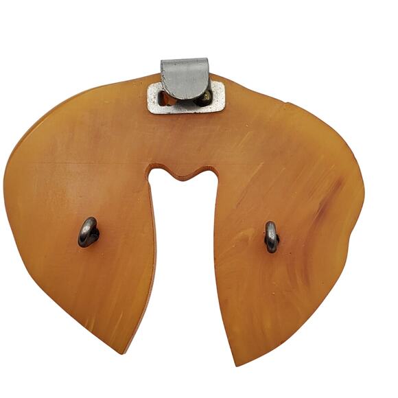 1930s Carved Baketlite Belt Buckle Rhinestone Accent Art Deco Butterscotch Clip - Picture 3 of 4